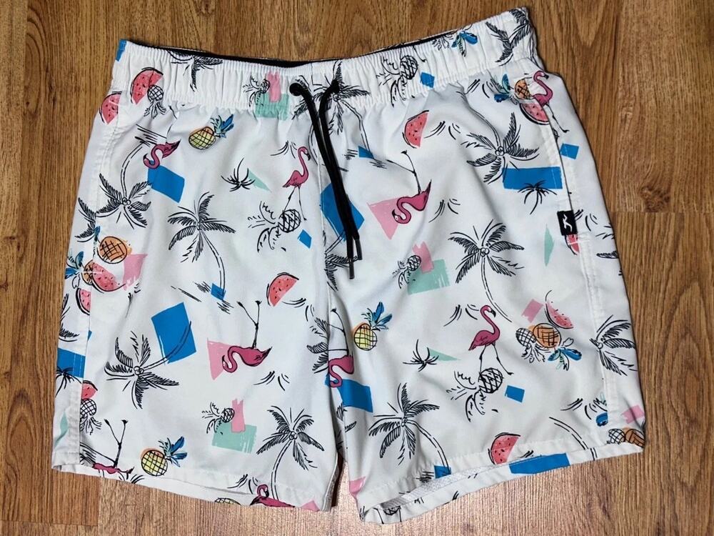 Hollister Stretch SZ M Swim Trunks Flamingo, Palm Tree, Pineapple, Watermelon